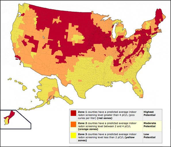 Map of radon levels in USA